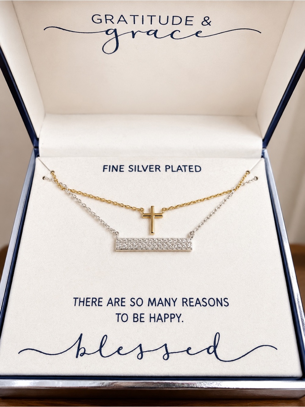 Gratitude & Grace Layered Cross & Crystal Bar Necklace Two Tone Fine SilverPlate